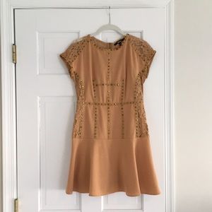 Studded camel color dress with lace detailing